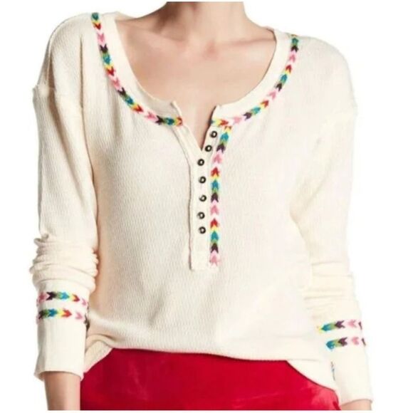 We The Free Free People Top Thermal Waffle Embroidered Henley Ivory Medium - Picture 1 of 10